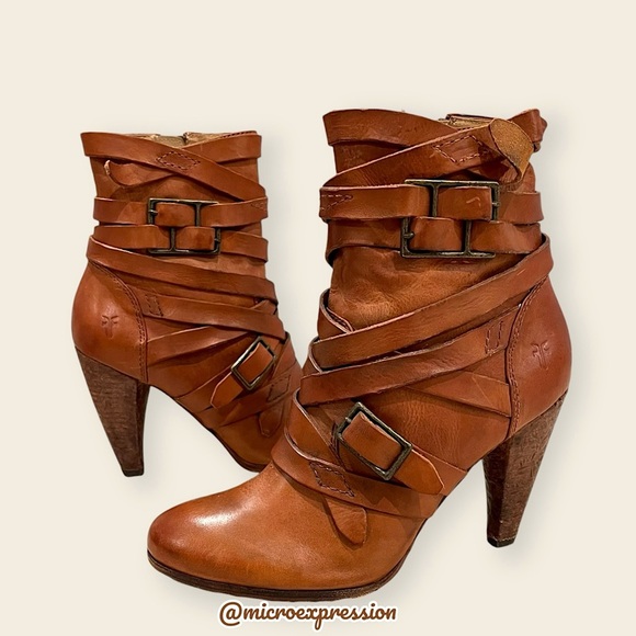 $369 Frye Mikaela Strappy Cognac Distressed Leather Zip Up Career Ankle Bootie
